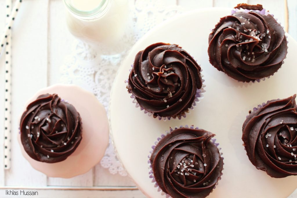 Brownie Cupcakes with Ganache Frosting and Sea Salt 