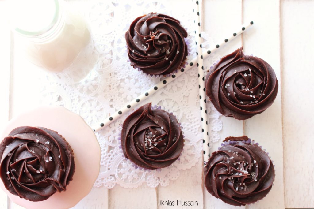 Brownie Cupcakes with Ganache Frosting and Sea Salt 