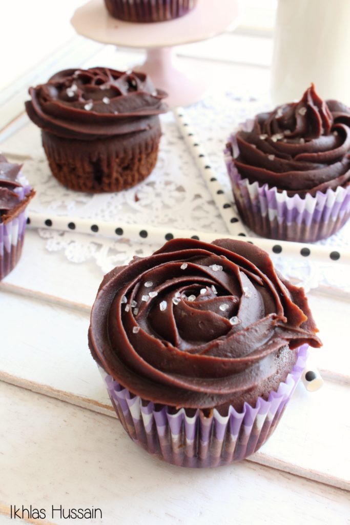 Brownie Cupcakes with Ganache Frosting and Sea Salt 